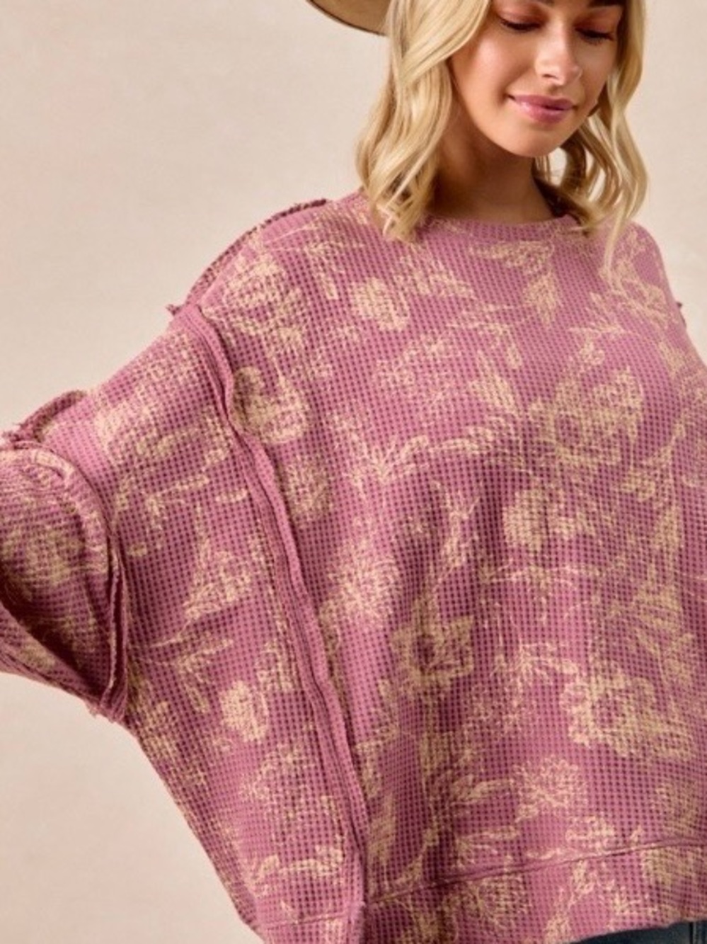 Oversized Waffle Knit Vintage Dusty Rose and Cream Pullover Boho Sweatshirt